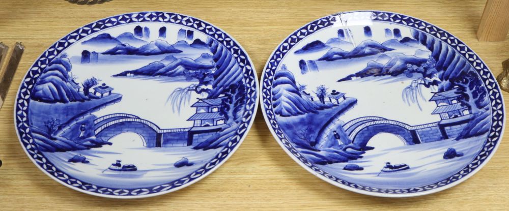 A pair of Japanese blue and white chargers